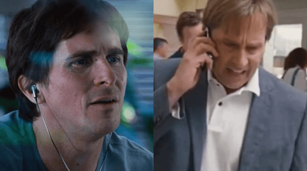 Side-by-side film still: left shows a man listening intently through earbuds; right shows a man in a suit on a phone call