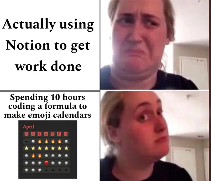 Two-panel reaction meme: top panel shows a woman grimacing at ‘Actually using Notion to get work done’; bottom panel shows her looking intrigued at ‘Spending 10 hours coding a formula to make emoji calendars’