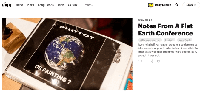 Screenshot of the Digg website featuring ‘Notes From A Flat Earth Conference’ in their Beam Me Up section