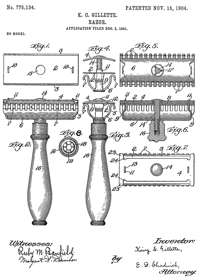 K.C. Gillette’s original razor patent drawing, No. 775,134, patented November 15, 1904, showing engineering diagrams of the safety razor design